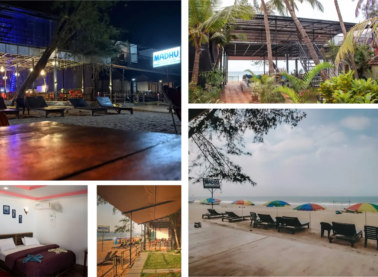 A collage of four images showcasing a beach hut featuring a restaurant and direct access to the beach.